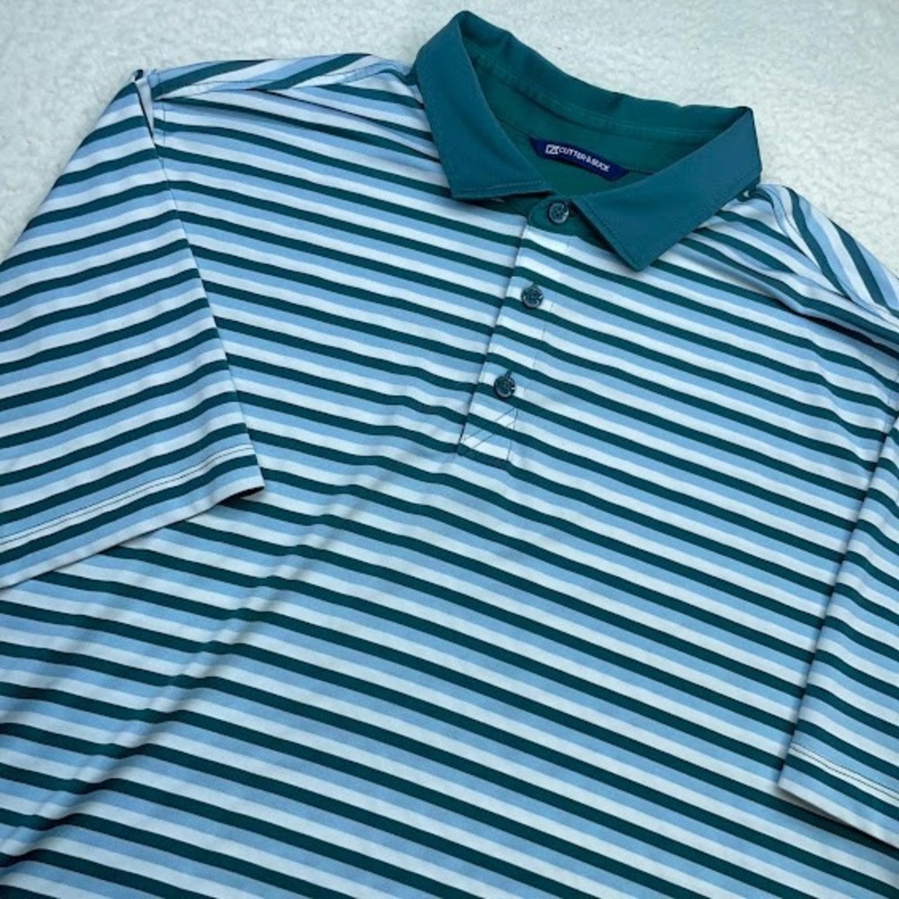 Cutter and Buck Polo Shirt Mens XXL Green Blue Striped Golf Short Sleeve Casual